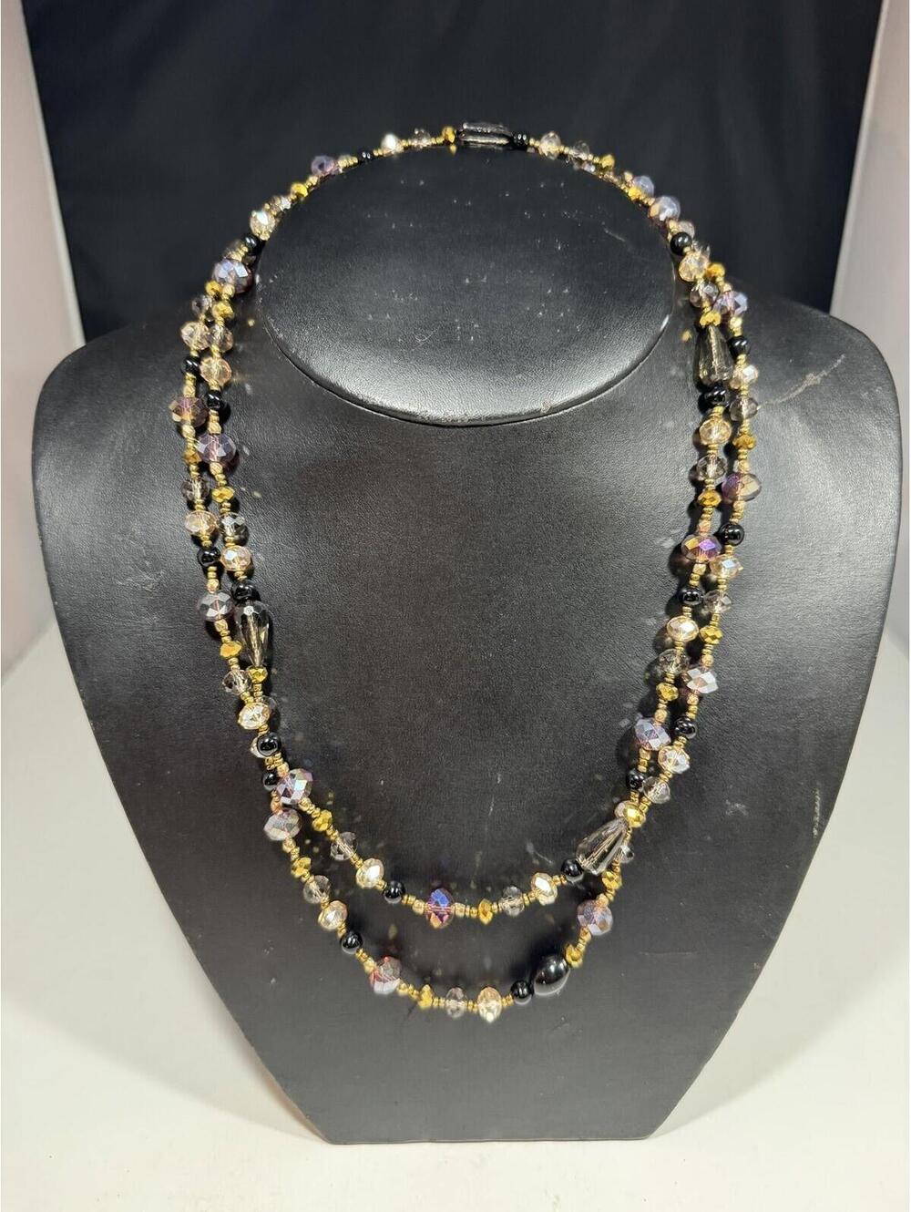 Long Multi-Strand Gold Tone Faceted Bead Fashion Necklace Statement Jewelry